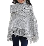 Plus Nao(プラスナオ) 子供用 ポンチョ ニットポンチョ タートルネック フリンジ付き シンプル 無地 男の子 女の子 キッズ ジュニア 110 12 ピンク 110