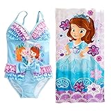 (ディズニー) Disney ちいさなプリンセス ソフィア ワンピース 水着＆バスタオル(152×76cm) 2点セット UVカット フリルリボン水色 (US3歳 90-100cm) [並行輸入品]