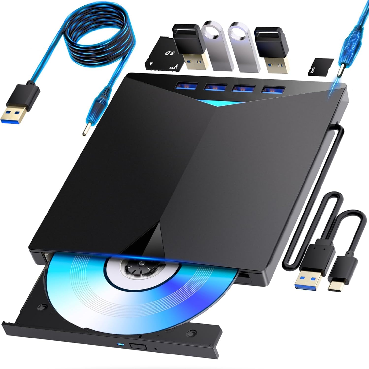 Rodzon 外付けブルーレイドライブ Blu-rayドライブ 外付けブルーレイプレイヤー USB3.0 Type-C対応 BD/DVD/CD 読み込み・書き込み・再生・焼き M-DISC対応 Windows 7/8/10/11 Mac対応 薄型 ブ