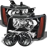 2007-2014 Chevy Suburban Tahoe Avalanche ブラッククリアレンズ ヘッドライト+スモークバンパーフォグライトランプ