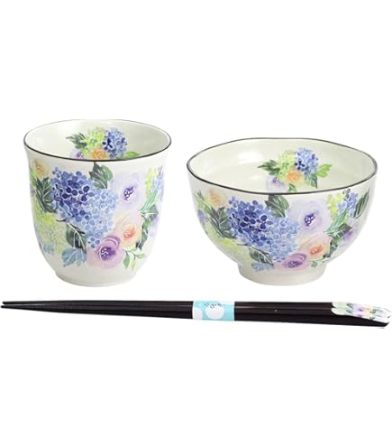 Amazon｜セラミック藍 花あわせ 飯碗湯呑 クレマチス 若狭塗り箸付