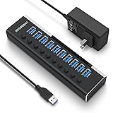 USB3.0ハブ 電源付き ROSONWAY 10ポート USBハブ アルミ製 5Gbps高速転送 セルフパワー USB拡張 独立スイッチ付 12V/3A ACアダプタ付き(RSH-A10)