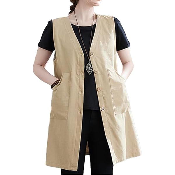 Amazon | ジレ 綿麻混 ロングジレ ベスト レディース リネン Vネック 