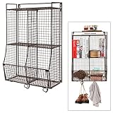 Wall Mounted / Collapsible Brown Metal Wire Mesh Storage Basket Shelf Organizer Rack w/ 2 Hanging Ho