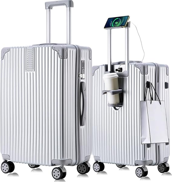 Wozwe Lightest Carrying Case, Suitcase, Carry-on Compatible, Too Multifunctional, Diamond Lock Type, Protective Cover, Ultra Lightweight, Multi-functional, Carry Bag, Portable Stand, USB Port, Cup Holder Included, Hidden Hook, Silent, Double Caster, Large Capacity (Silver, Small Size for 1-3 Nights, 16.5 gal (42 L), Carry-On) - 1