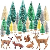PLULON ミニクリスマスツリー 森の動物フィギュアキット ボトルブラシ 木 サイザル 雪 霜 ジオラマの木 森の動物フィギュア ケーキトッパー クリスマス村のデコレーション用