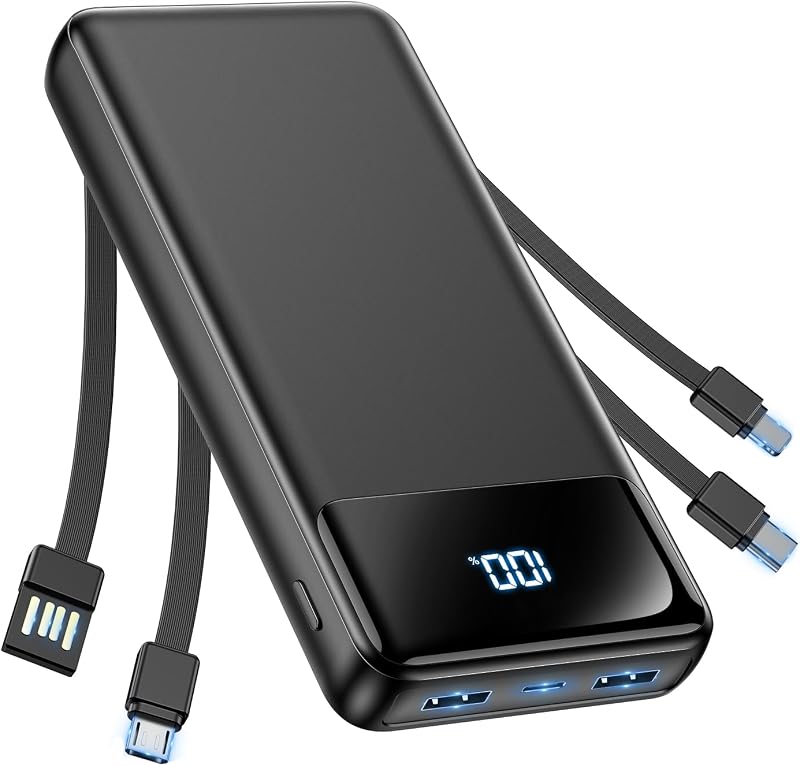 モバイルバッテリー 大容量【60000mAh大容量·6台同時に充電·急速充電】モバイルバッテリー 軽量 小型 4つのケーブル内蔵 最大出力2.4A ケーブル内蔵一体型 LCD残量表示 PSE技術認証済 安全回路保護 Type-C入力/出力ポートiOS/Android各種スマホ対応 携帯充電器 スマホ充電器 コンパクト&軽量 旅行/出張/アウトドア/停電/防災緊急用