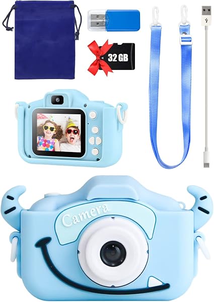 Hobinavi Kids Camera, Toy Camera, 9 Types to Choose from, With Camera Strap for Kids, 1080P HD Video Camera, Girls, Boys, Children's Gift, USB Charging, Monster, Blue - 1
