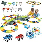 Raceレール車トラックToy Set for Kids誕生日andクリスマスギフトAge 3、4、5、柔軟なグローin theダークツイスタートラックwith Light Up LED電池式車、木と