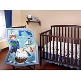 3ピースベビーブルーレッドホワイトNautical Piratesベビーベッド寝具セット、新生児オーシャンテーマNurseryベッドセット幼児子パッチワークWhale出荷アンカーSail水Bold B