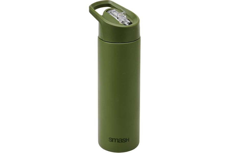 Smash Stainless Steel Water Bottle - Olive 750ml | Flip Top Lid | Straw | Carry Handle