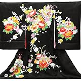 【お宮参り着物】【黒地系 鈴に花の柄】女の子 手描友禅 刺繍 正絹【風呂敷プレゼント/ギフト対応】
