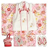 七五三　着物　3歳　女の子被布セット　マユミブランド　濃淡ピンク市松グラデーション　桜　金彩使い　被布桜刺繍白色　雛祭り　正月　足袋付セット