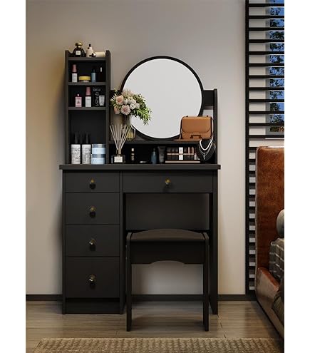 可動式ライト付き ドレッサー 化粧台 メイク台 ブラック スリム 女優