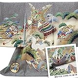 【お宮参り着物】【黒地系 疋田柄に兜と鶴の柄】男の子 友禅 刺繍 正絹【風呂敷プレゼント / ギフト対応】