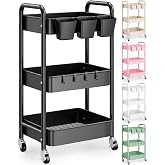 3 Tier Rolling Cart Metal with Wheels,Black Three Tiered Art Cart Organizer | Storage Utility Trolley Carts on Wheels for Kit