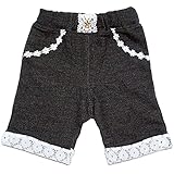 【本体綿100％】2017年 夏物 UZULAND ウズランド MONO ニットデニム レース使い折り曲げ ５分丈パンツ ブラック◇90cm