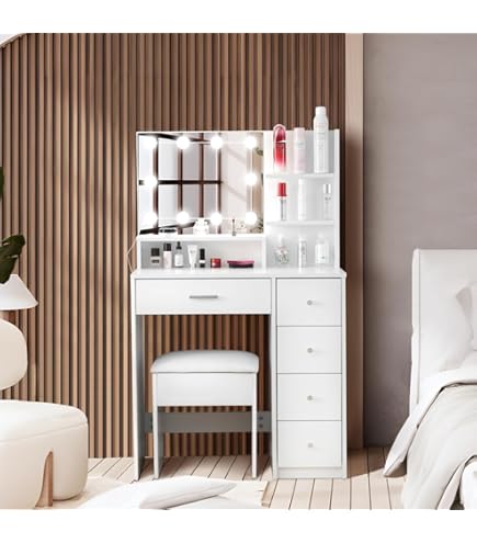 Amazon｜Jujwoooドレッサー化粧台 テーブル 鏡台 LEDライト付き