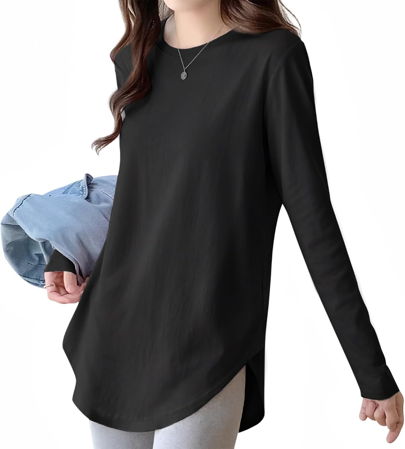 [AOY] Tシャツ レディース 長袖 トップス 【サイドスリット×ラウンドヘムで抜け感プラス・7色提供】 トップス カットソー クルーネック | 肌触りが良い 柔らかい着心地 なめらか 快適な着用感 軽やか 通気性 体型カバー すっきり見え 美シルエット ヒップカバー 着回しやすい デイリー使い 4色展開