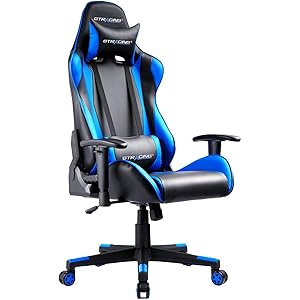 GTRACING ゲーミングチェア オフィスチェア デスクチェア ゲーム用チェア リクライニング パソコンチェア ハイバック ヘッドレスト ランバーサポート ひじ掛け付き 高さ調整機能 PUレザー ブルー (GT002)