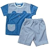 《初夏盛夏対応》(日本製) Pample Mousse(パンプルムース) 杢天竺&ジャガードボーダー耳付き半袖Tスーツ 90cm /BL NO.DP-72556