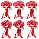 OurWarm6束セットブライダルウェディングブーケ 花嫁の花束 結婚式 二次会 前撮り披露宴 贈答品ウェディング用 造花 ブライダルブーケ (赤色)