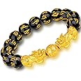 Feng Shui Amulet Bracelet Prosperity 12mm Mantra Bead Bracelet with Double Gold Plated Pi Xiu/Pi Yao Attract Lucky and Wealth