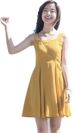 Amazon Co Jp ワンピース ノースリーブ ベストワンピース 黄色 スクエアネック ａライン フレアー K L 服 ファッション小物