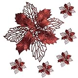 Poinsettia Decorations - Set of 6 Large Poinsettia Flowers with Clips - Red Floral Ornaments - 6 Red