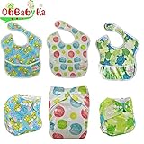 Ohbabyka6点セットフリーサイズ おむつカバー 布おむつ サイズ調整可 パンツ 食事用スタイ エプロン 防水ビブ ベビー 赤ちゃん 男の子 女の子 お食事エプロン 袖なし 保育園 給食 離乳食エ