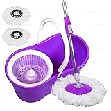 Magic 360°フロアモップバケツ回転ヘッドイージースピニング + 2ヘッドマイクロファイバークリーン(パープル)