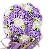 【F-grip】 ウェディング ブーケ アートフラワー バラ プレゼント 母の日 (ホワイト・パープル)