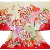 【お宮参り着物】【クリーム地系裾赤 毬 桜 梅 菊 松の柄】女の子 正絹 友禅 刺繍【風呂敷プレゼント/ギフト対応】