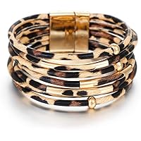 Fesciory Leopard Bracelet for Women Multi-Layer Leather Wrap Bracelet Handmade Wristband Metal Pipe Charm Magnetic Buckle Ban
