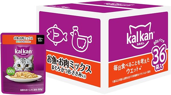 キャットフード ウェット カルカン パウチ 1歳から 60g×36袋 お魚・お肉ミックス まぐろ・かつお・ささみ入り 成猫用 - 1