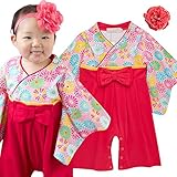 赤　袴　ロンパース　華やかお花ヘッドバンドセット　★　袴オール　年賀状　撮影　ヘッドバンド　13cm　お花　セット　０歳　１歳　２歳　記念写真　コスチューム　ハーフバースデー　バースデー　 撮影衣装　
