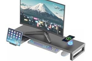 [ミノリの恵]モニタースタンド ワイヤレス充電器搭載 モニター 台 幅80CM ディスプレイ 台 引き出しとスマホホルダー付き 机上台 ノートパソコン/プリンター/iMac/タブレットパソコンに適用 耐荷重25Kg (黒-80CMワイヤレス充電器搭載)