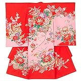 女の子初着 お宮参り着物 ポリエステル 赤/ピンク 花車と牡丹