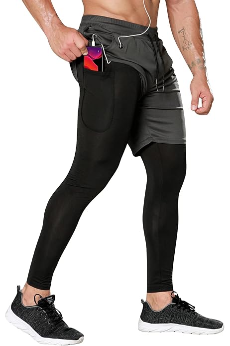 Men's 2 in 1 Running Pants, Gym Workout 
