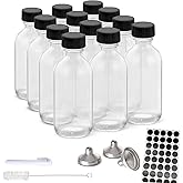 Glass Bottle, 12Pcs Small Glass Bottles with Caps Lids Set, 60ml Boston Round Glass Bottles Clear, Refillable Plastic Bottles