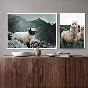 Amazon Co Jp 装飾キャンバス絵画動物ポスターアルパカ壁アート写真リビングルーム装飾ホームデコ 60x80cmx140x60cmx1フレームなし ホーム キッチン