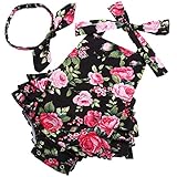 Fubin 女の子の赤ちゃん用 花柄プリント フリル ロンパー ヘッドバンド付き 夏服