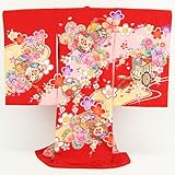 お宮参り 着物 女児 祝着 正絹　「赤地にピンクと薄オレンジ色のぼかし　花車と鼓　刺繍」