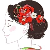 [京都うさぎ堂] 髪飾り２点セット 振袖 成人式 つまみ細工 ちりめん 鹿の子 絞り ふさ 赤 花 ちりめん kk-086