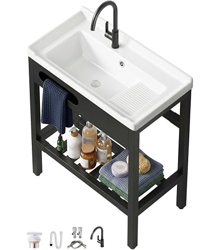 Amazon | ブラック洗面台シンク スタンド付き マットブラック 蛇口付き