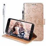 Galaxy A8 Plus 2018 ケース COOSTOREJPかわいい猫と蝶エンボスプレミアムPUレザーなフリップ保護磁気ケース-ゴールド