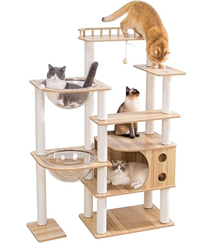 高さ170.5cm】猫タワー 木製 宇宙船 ハンモック天然麻ロープ柵付き展望