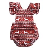 Happyハッピー耳　女の子　ロンパース　バックレス　夏　ふわふわ　フライスリーブ　ノースリーブ　パンツ　鹿　雪　プリント　可愛い　赤い　60　70　80　90 (60)