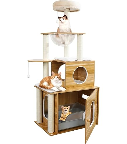 Amazon | 这是产品标题： キャットタワー 木製 据え置き型 多頭飼い