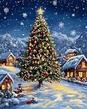 クリスマスの雪景色 クロスステッチクロスステッチ キット,クリスマスツリーと村 クロスステッチキットスタンプ済み刺繍スターターキット初心者向けDIY,40x50cm/11CT
